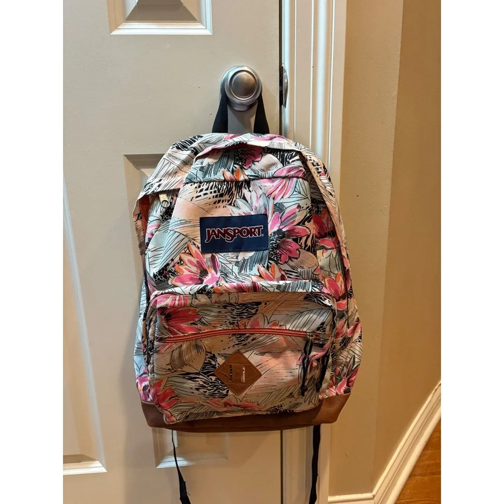 JanSport City View Backpack Tropical Floral Pink Brown Faux Leather JS0A3P3U
